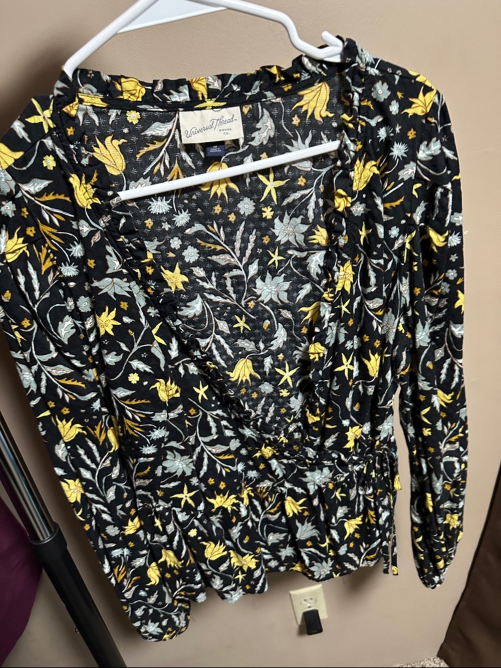 Universal Thread Black Floral Wrap Top with Yellow & Light Blue Botanicals